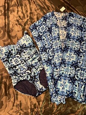 NWT Target AUS Blue Tie-Dye Print 1-Pc. Swimsuit & Matching Kaftan AU 16/ US 12